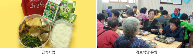 왼쪽사진-급식사업 도시락 사진, 오른쪽사진-경로식당 운영 모습